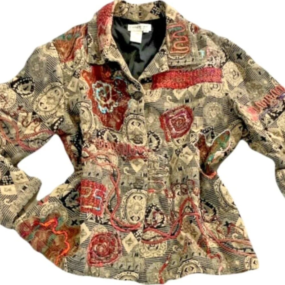 Coldwater Creek  BOHO Embroidered Tapestry Beaded‎ Jacket M Button Front 200H